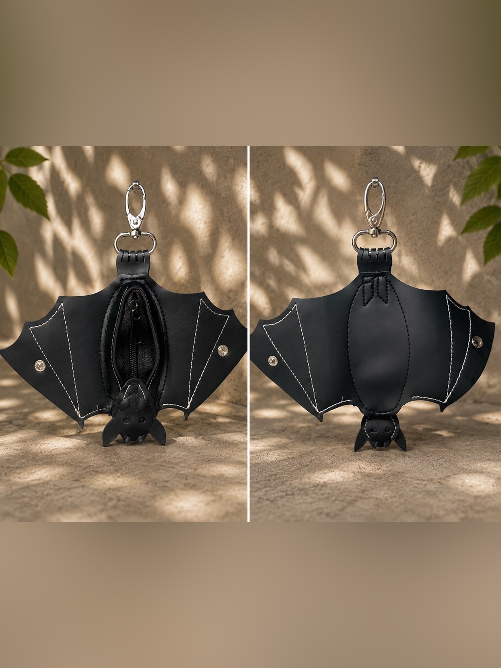 Black Bat-Shaped Leather Keychain Pouch